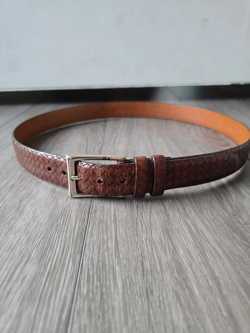 Brown Woven Leather Belt Men's 34 Basketweave Silver Buckle Made in USA Casual